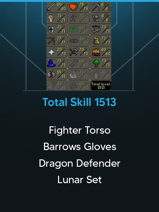 Total Skill 1513 | Combat 95 | QP 125 | Barrows Gloves | Fighter Torso